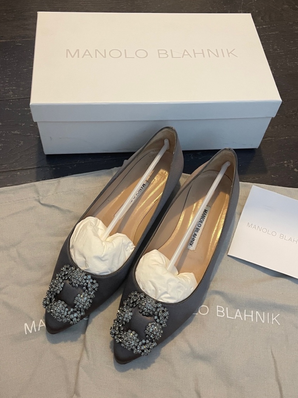 Manolo Blahnik Grey Satin hangisi embellished buckle point toe flats women 37